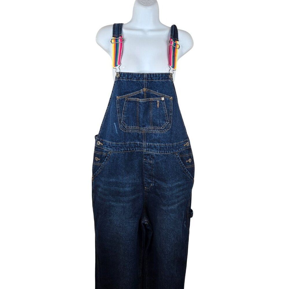 Unionbay Denim Overalls Shane Blue Wide-Leg Carpenter Womens L Rainbow Straps